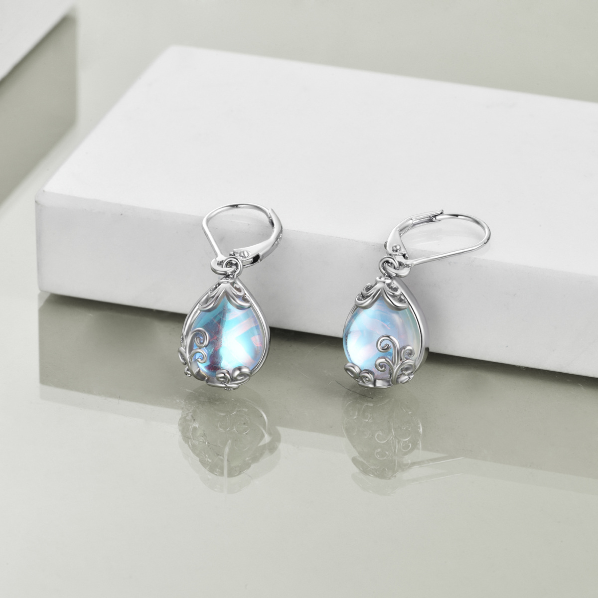 Sterling Silver Moonstone Drop Shape & Filigree Lever-back Earrings-4