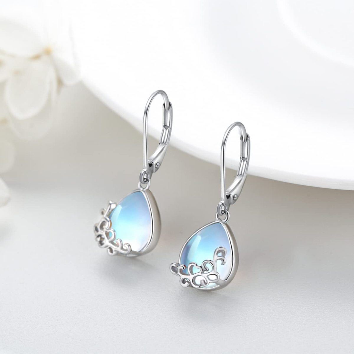 Sterling Silver Moonstone Drop Shape Lever-back Earrings-4