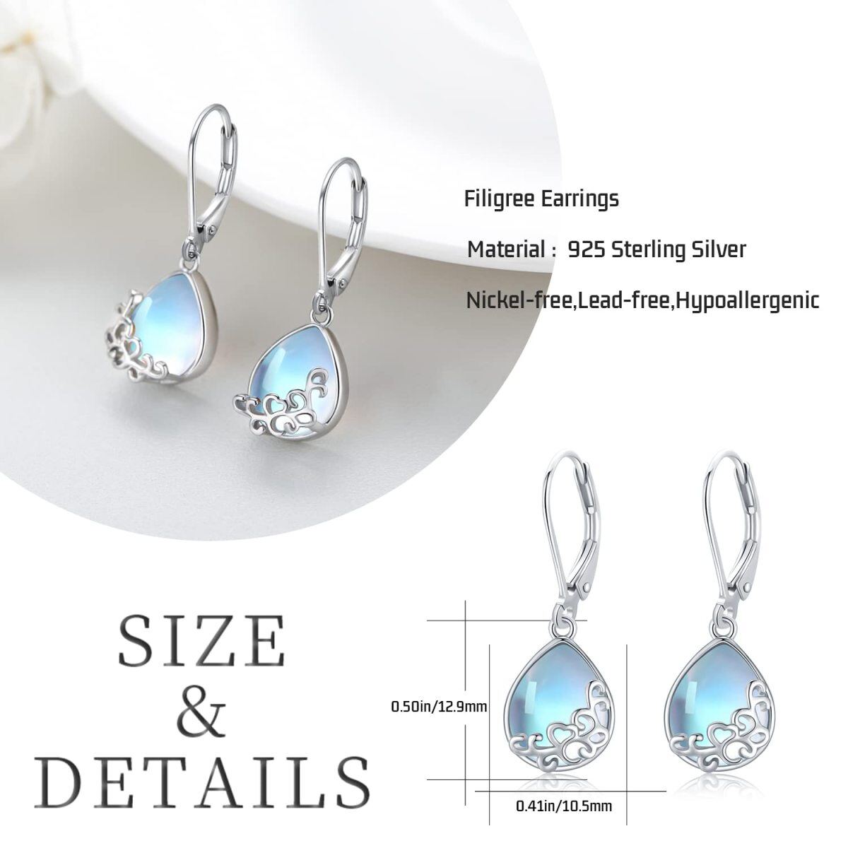 Sterling Silver Moonstone Drop Shape Lever-back Earrings-5