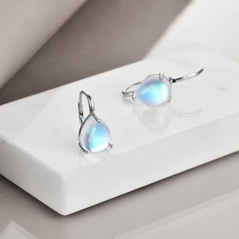 Sterling Silver Moonstone Drop Shape Lever-back Earrings-4