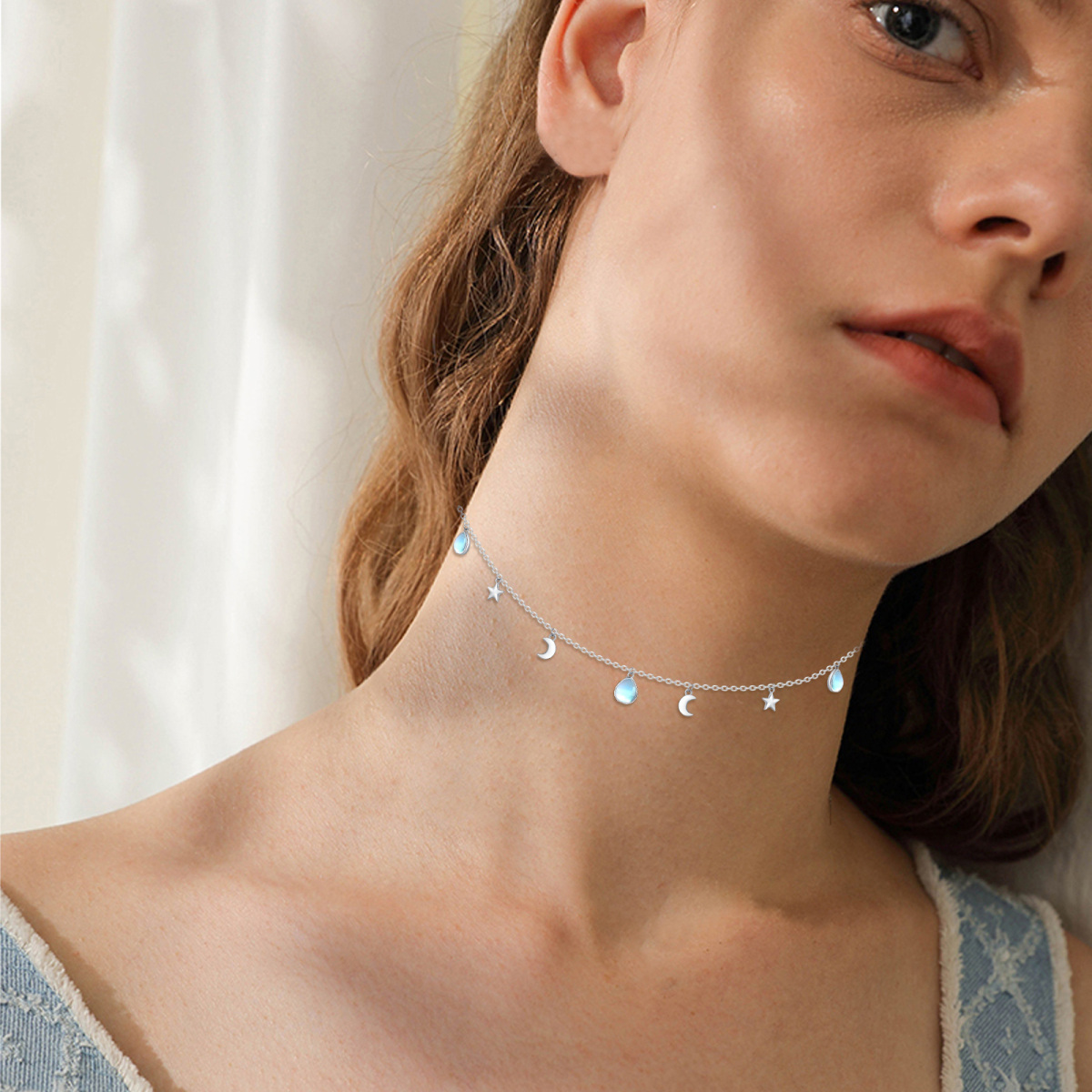 Sterling Silver Moonstone Star Metal Choker Necklace For Women-2