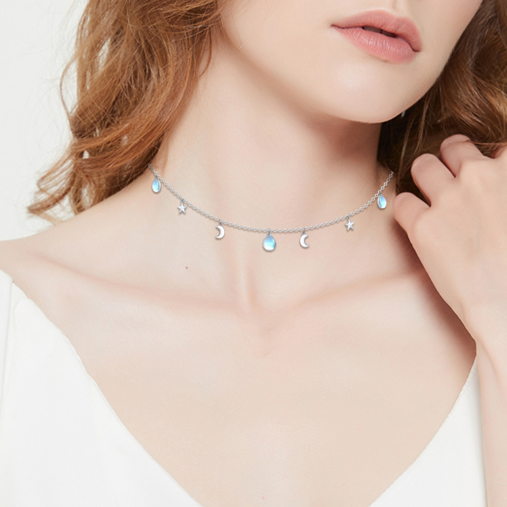 Sterling Silver Moonstone Star Metal Choker Necklace For Women-5