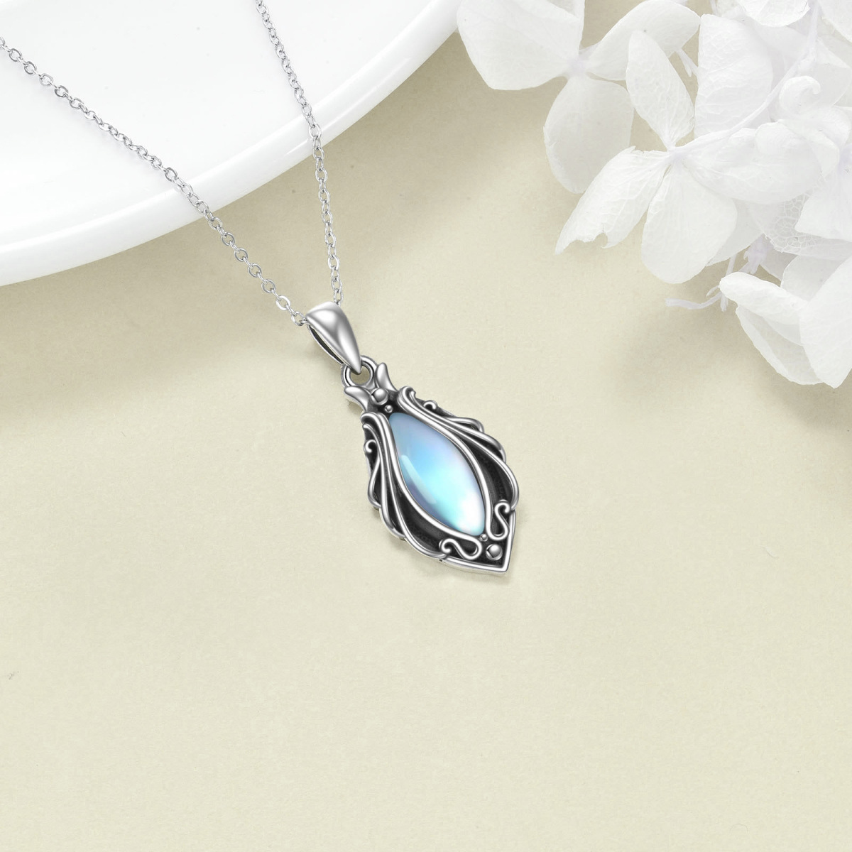 Sterling Silver Moonstone Drop Shape Pendant Necklace-3