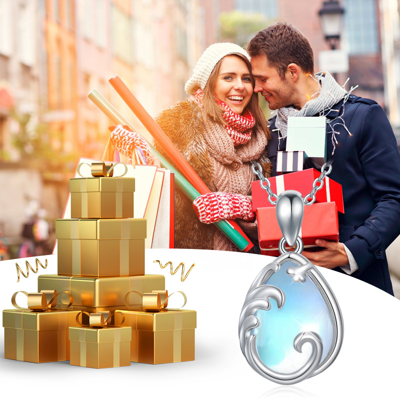 Colar de prata esterlina com pingente em forma de gota de pedra da lua-5