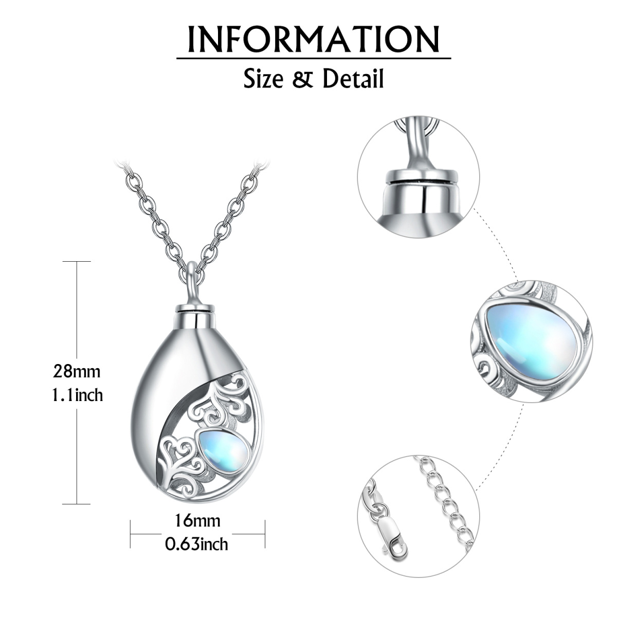 Sterling Silver Drop Moonstone Urn ketting voor as voor vrouwen-6