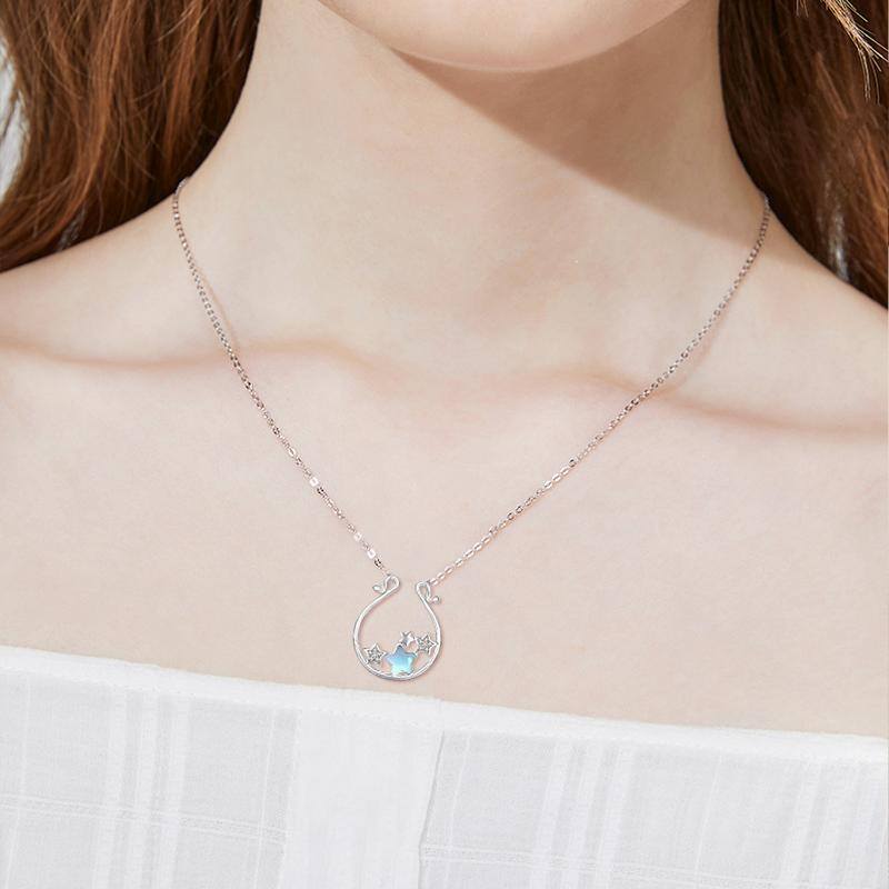 Sterling Silver Moonstone Five-pointed Star Pendant Necklace-7