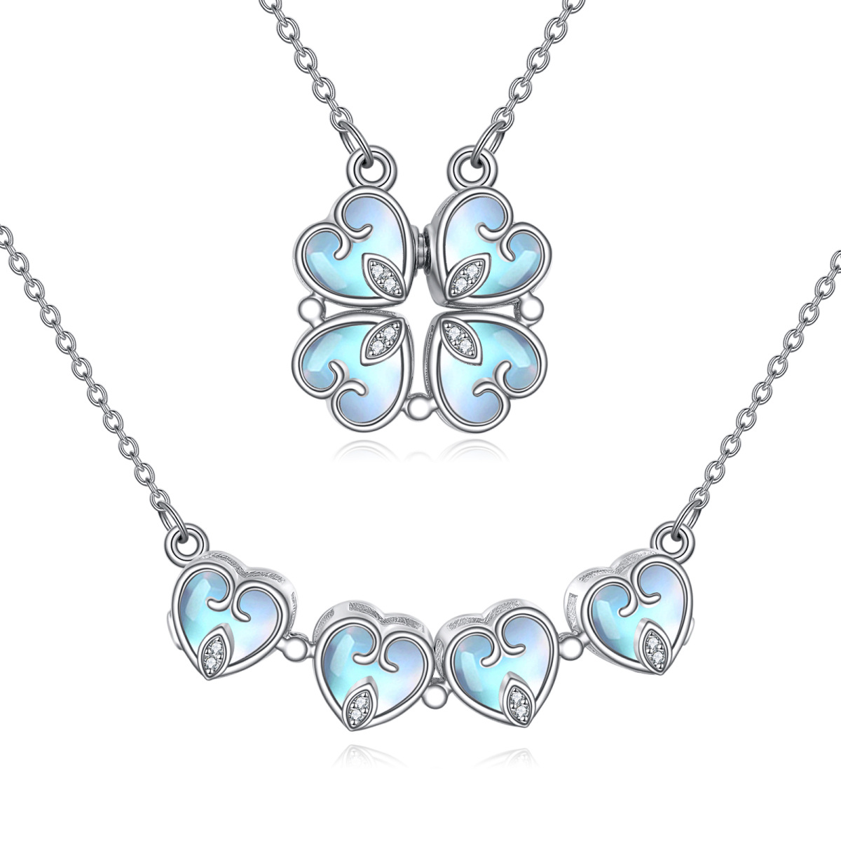 Sterling Silver Cubic Zirconia & Moonstone Four Leaf Clover & Heart Pendant Necklace-1