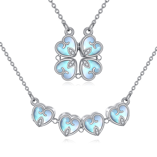 Sterling Silver Cubic Zirconia & Moonstone Four Leaf Clover & Heart Pendant Necklace