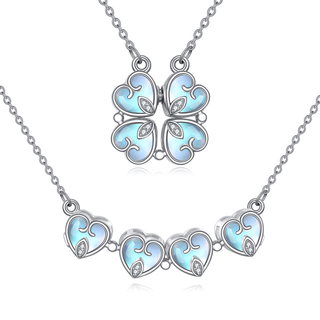 Sterling Silver Cubic Zirconia & Moonstone Four Leaf Clover & Heart Pendant Necklace-3