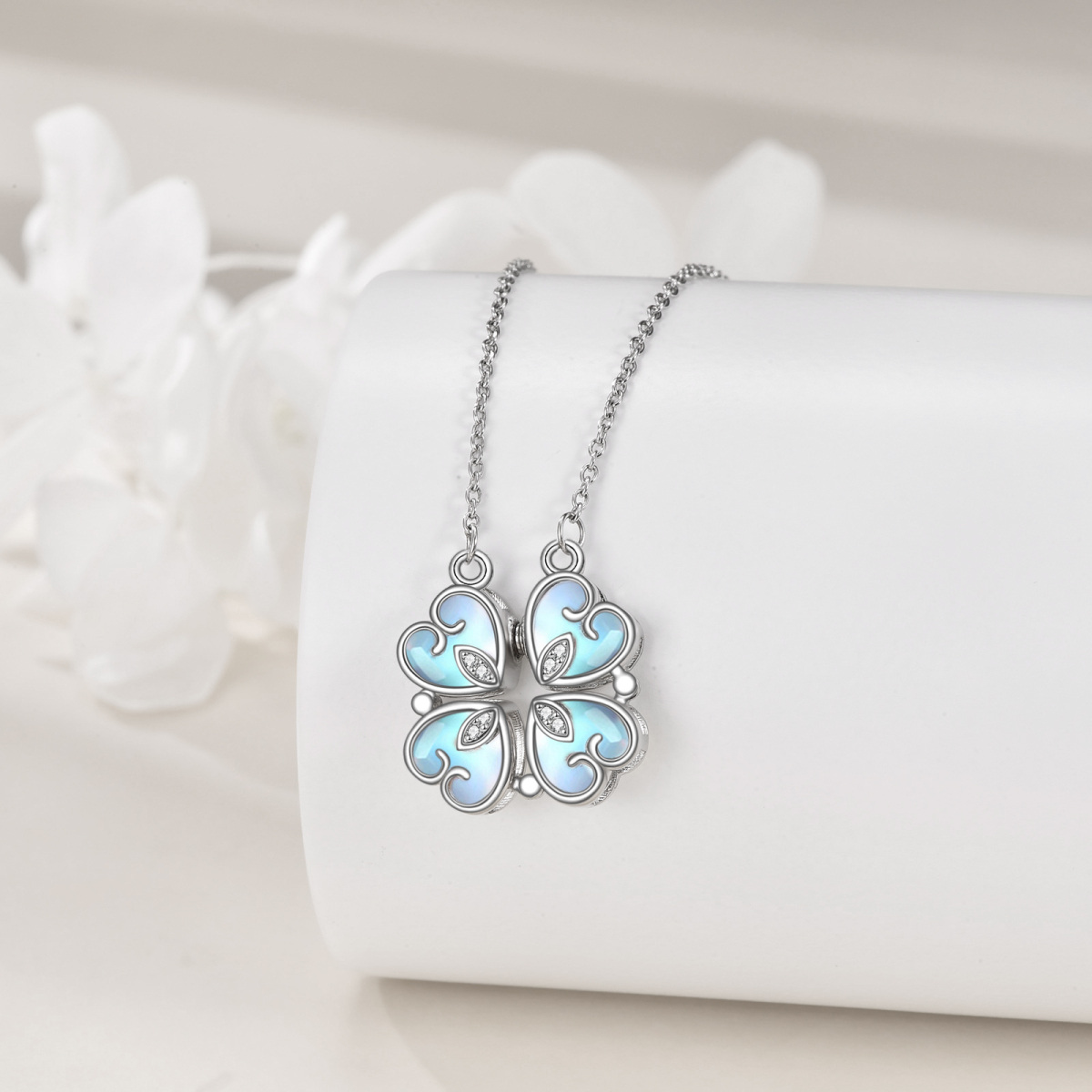 Sterling Silver Cubic Zirconia & Moonstone Four Leaf Clover & Heart Pendant Necklace-3