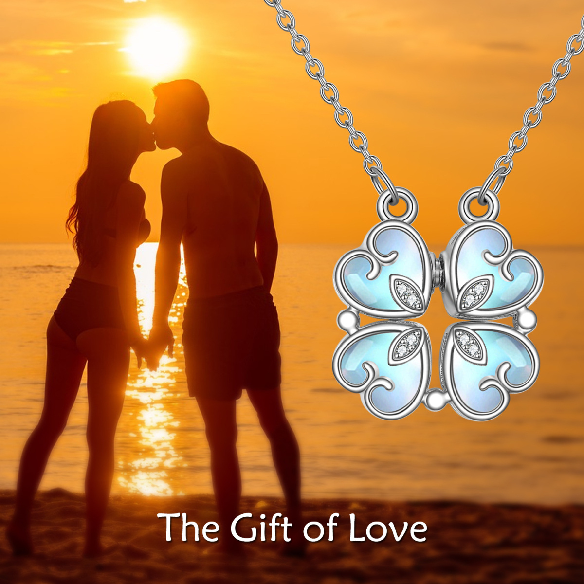 Sterling Silver Cubic Zirconia & Moonstone Four Leaf Clover & Heart Pendant Necklace-6