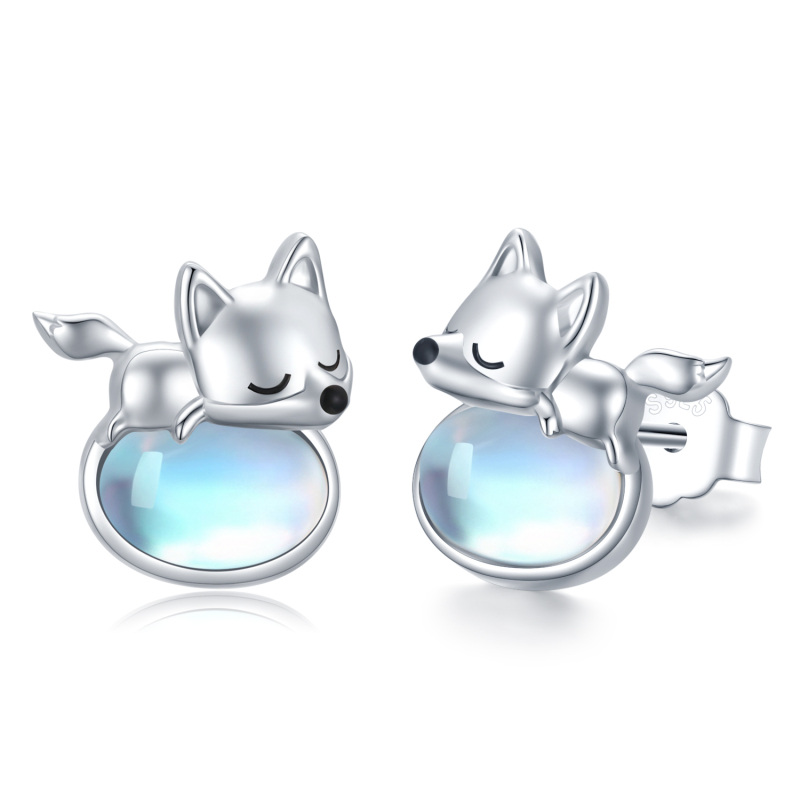 Sterling Silver Moonstone Fox Stud Earrings-7