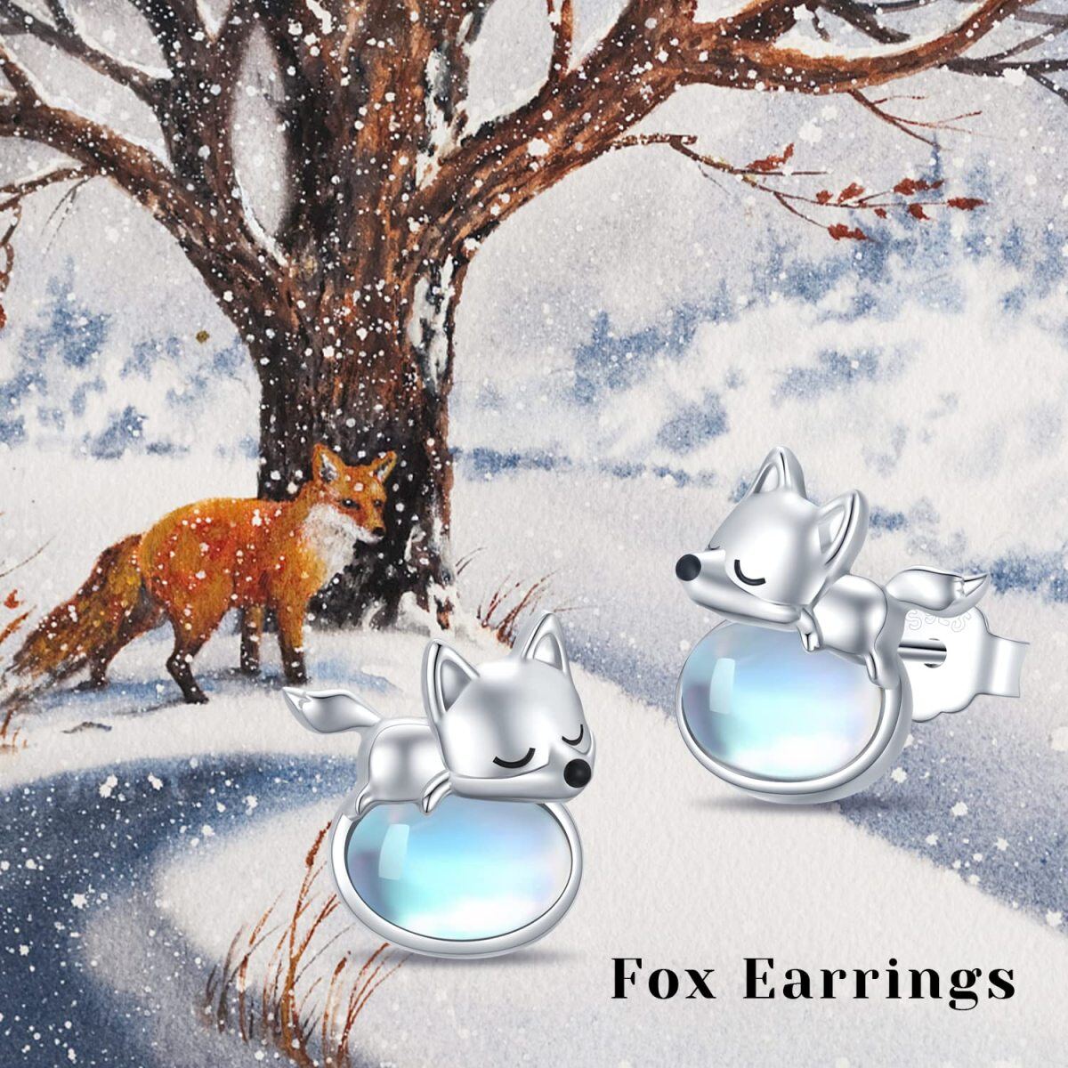 Sterling Silver Moonstone Fox Stud Earrings-6