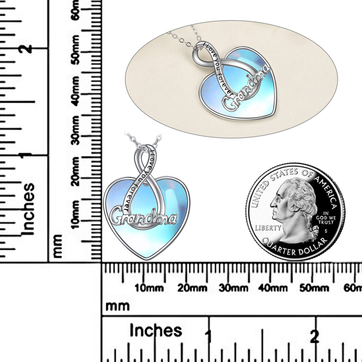 Sterling Silber Mondstein Großmutter & Herz-Anhänger Halskette mit eingraviertem Wort-5