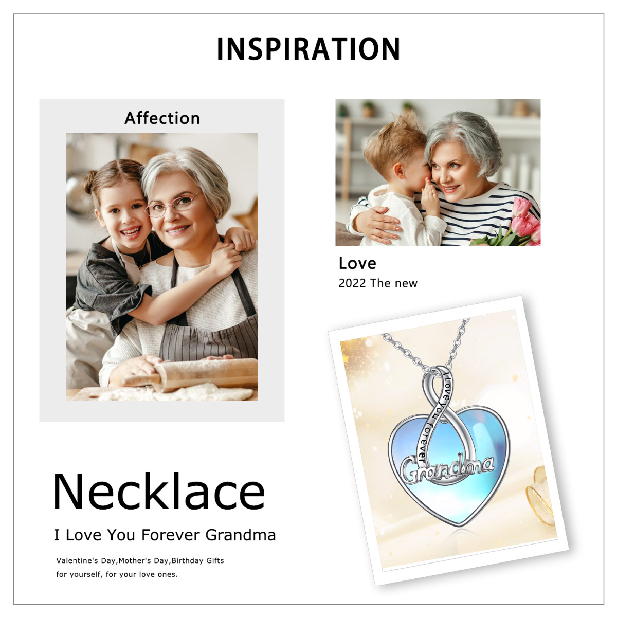 Collar Colgante Abuela y Corazón de Plata de Ley con Piedra Lunar y Palabra Grabada-6