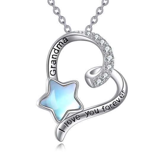 Sterling Silver Moonstone Grandmother & Pentagram Pendant Necklace with Engraved Word