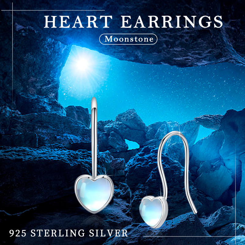 Sterling Silver Moonstone Heart Drop Earrings-7