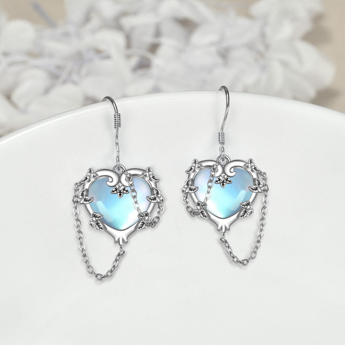 Pendientes de plata de ley con forma de corazón de piedra de luna-3