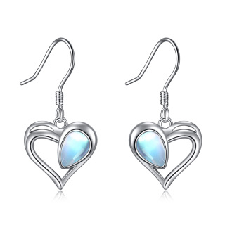 Sterling Silver Moonstone Heart Drop Hook Earrings-10