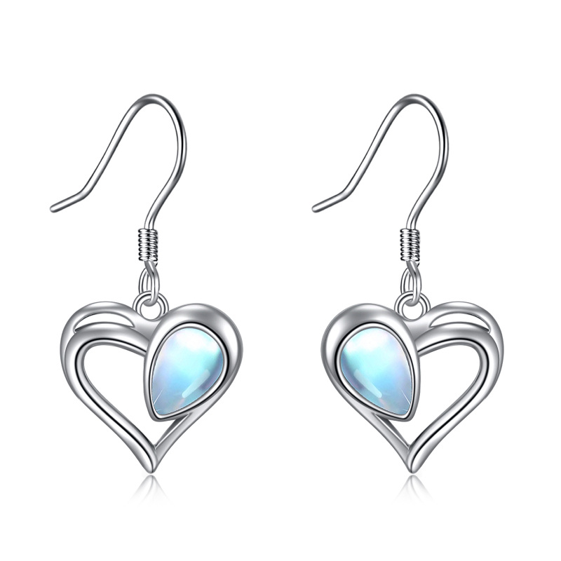 Sterling Silver Moonstone Heart Drop Hook Earrings