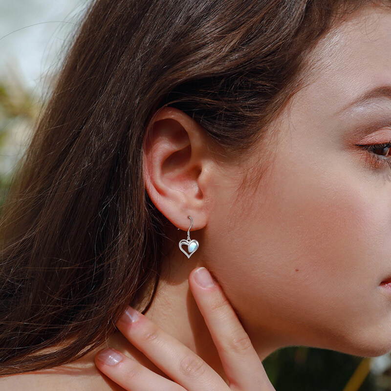 Sterling Silver Moonstone Heart Drop Hook Earrings-2