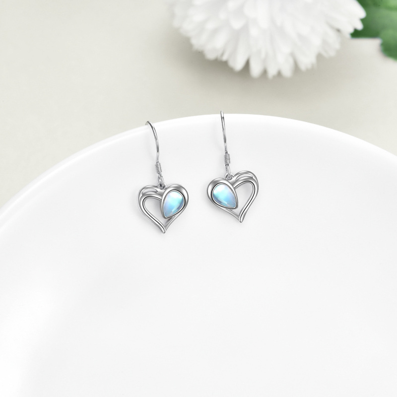 Sterling Silver Moonstone Heart Drop Hook Earrings-3
