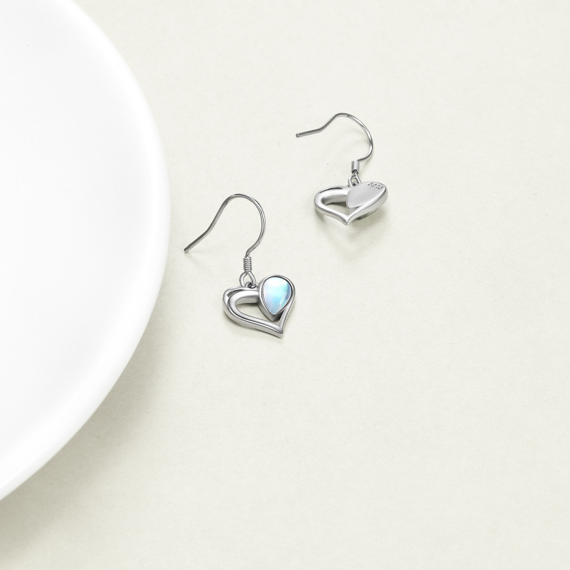 Sterling Silver Moonstone Heart Drop Hook Earrings-4