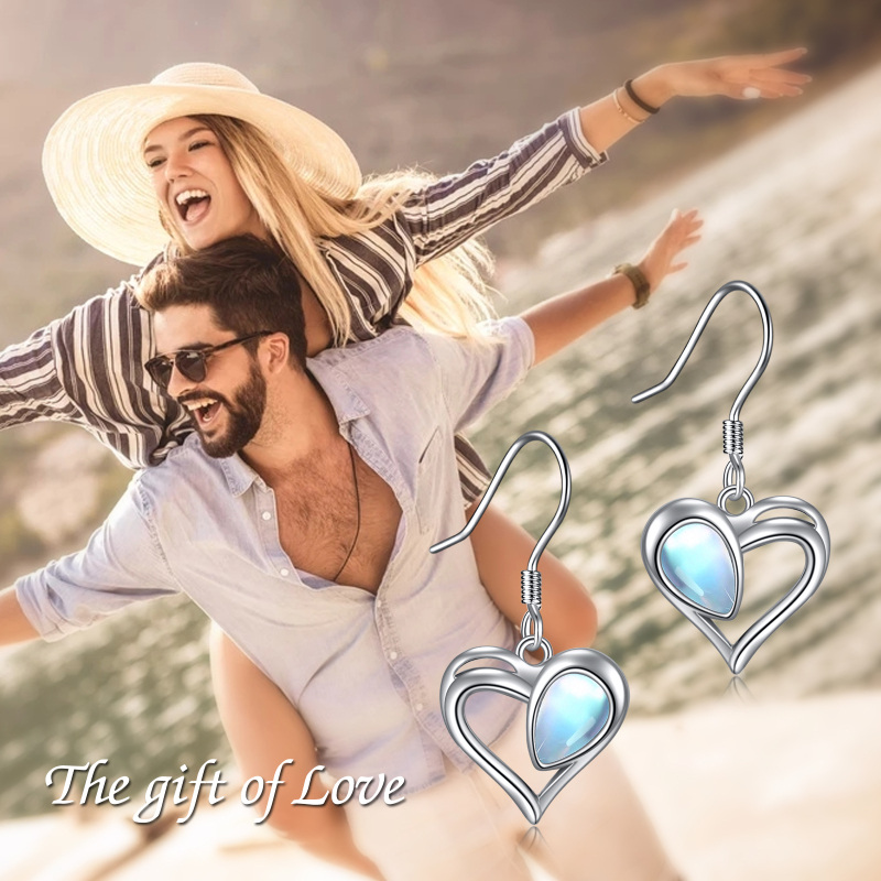 Sterling Silver Moonstone Heart Drop Hook Earrings-5
