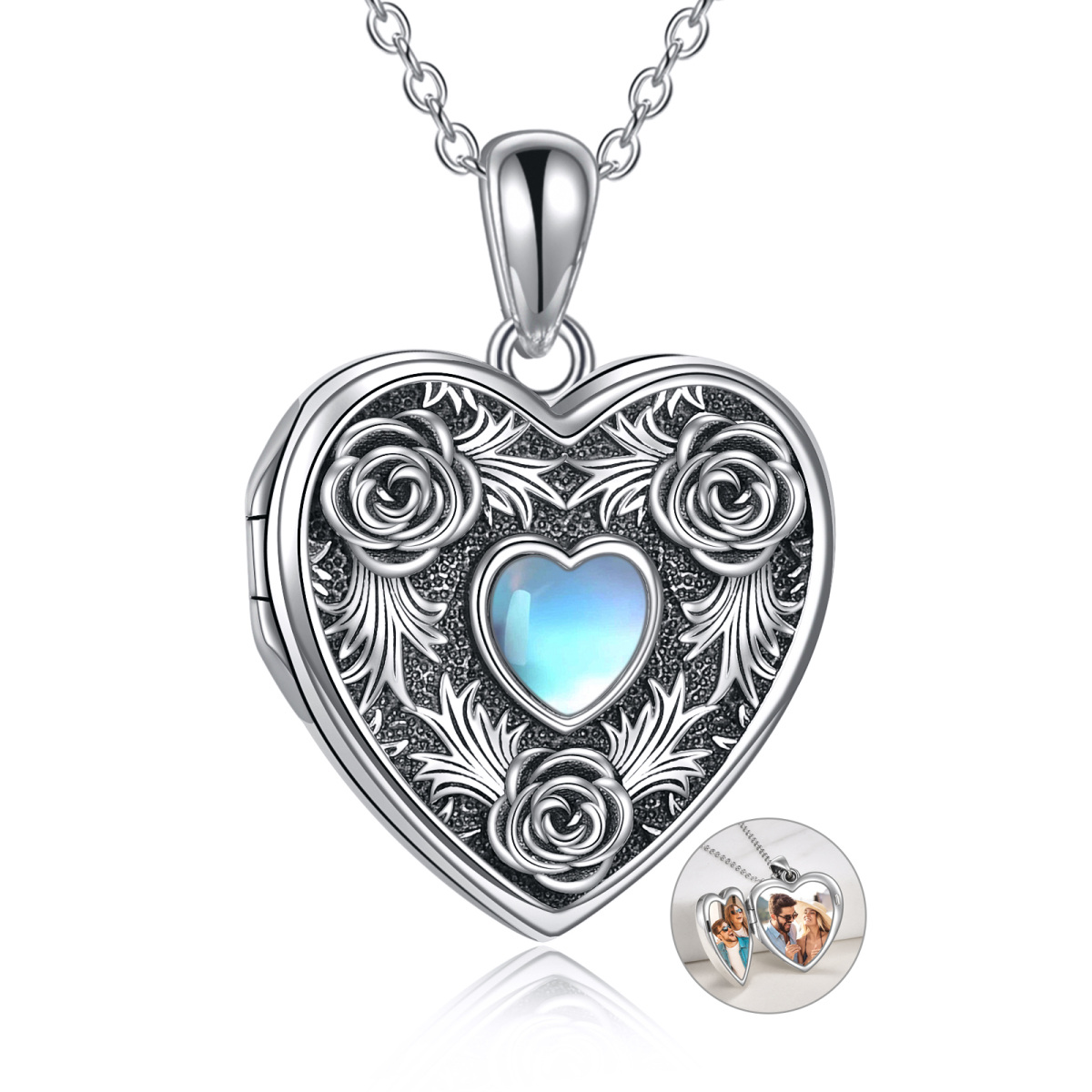 Sterling Silver Moonstone Heart Shaped Rose Personalized Photo Locket Necklace-1