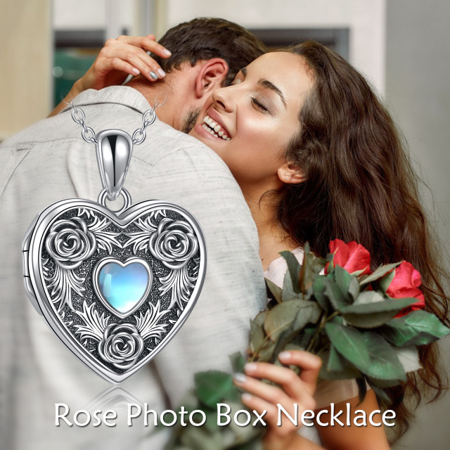 Sterling Silver Moonstone Heart Shaped Rose Personalized Photo Locket Necklace-3