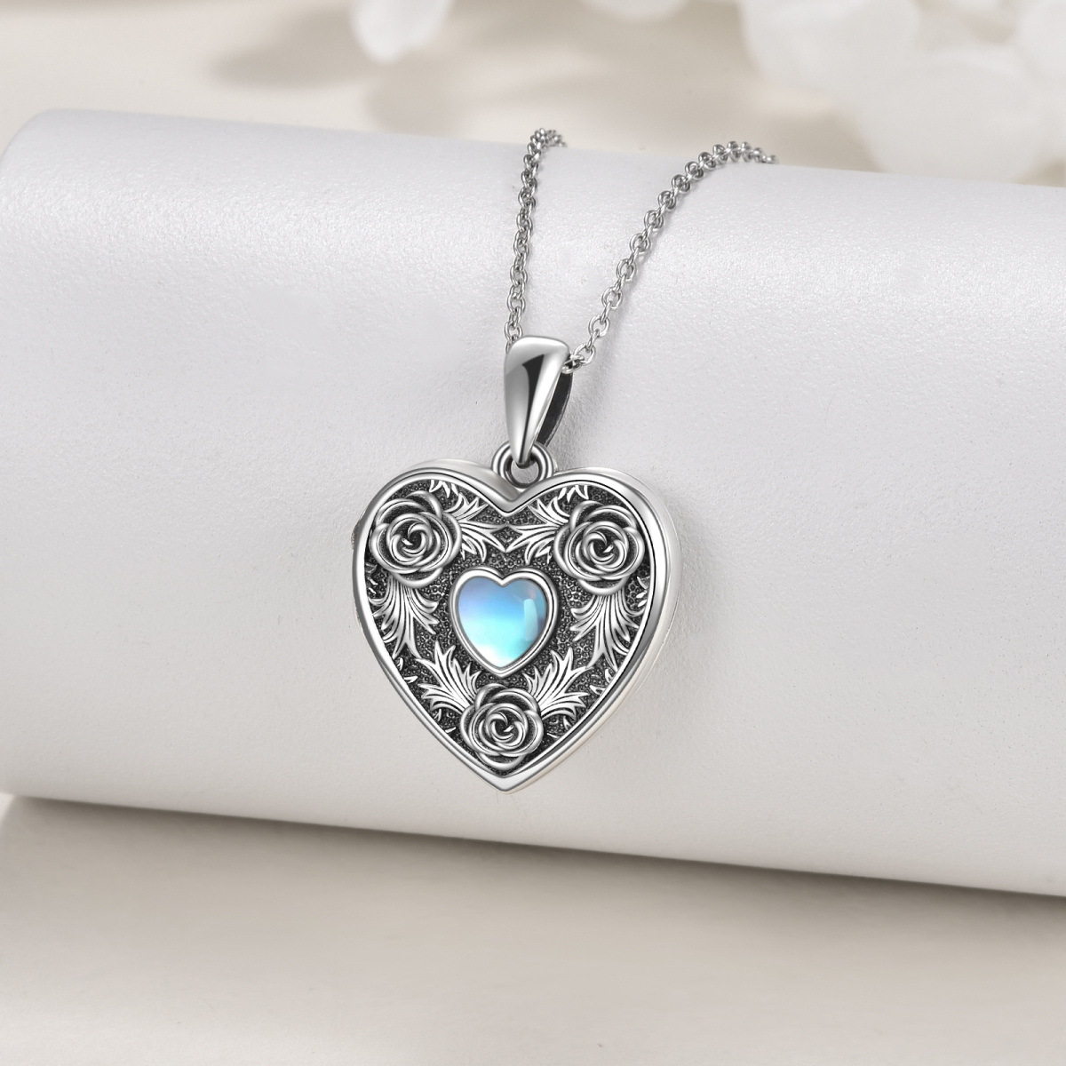 Sterling Silver Moonstone Heart Shaped Rose Personalized Photo Locket Necklace-4