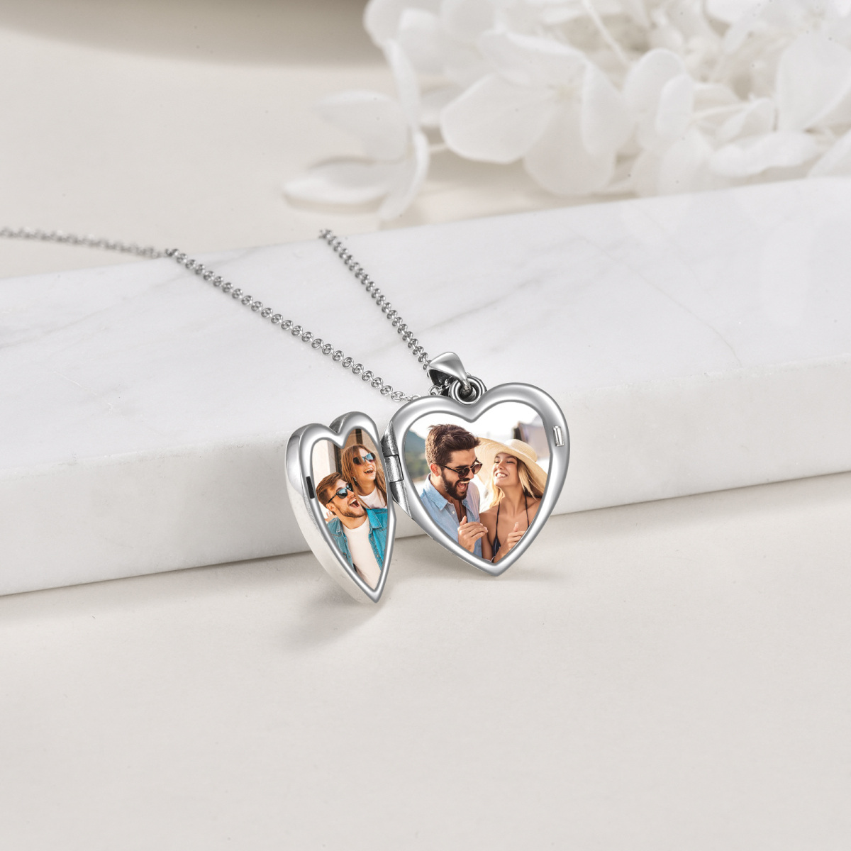 Collier médaillon photo personnalisé en argent sterling avec pierre de lune en forme de cœur et rose-5