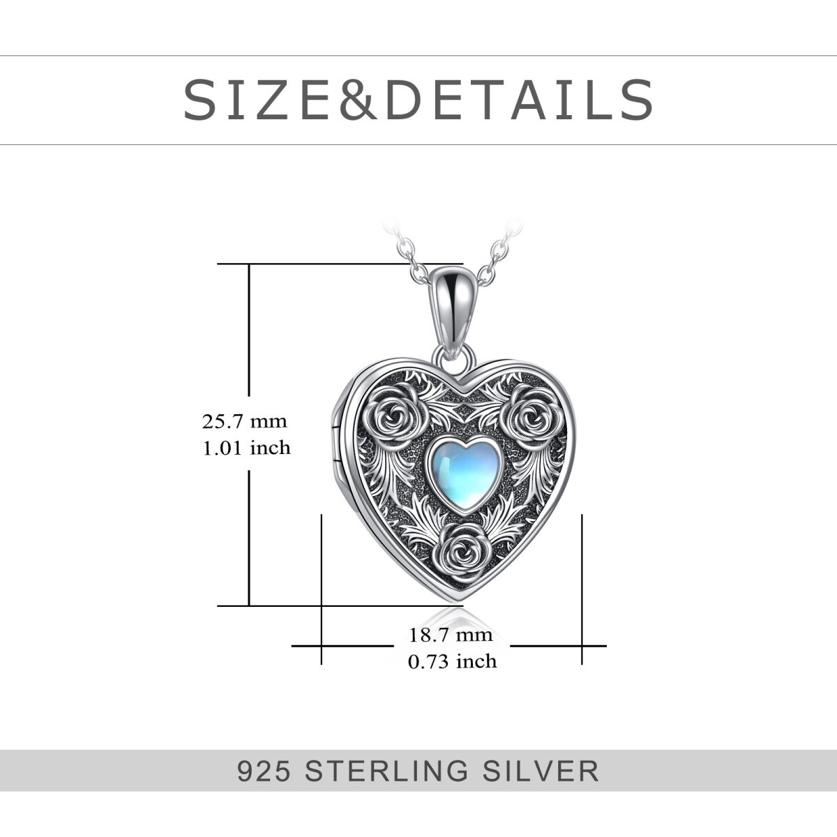 Sterling Silber Mondstein Herzförmige Rose Personalisierte Foto Medaillon Halskette-6