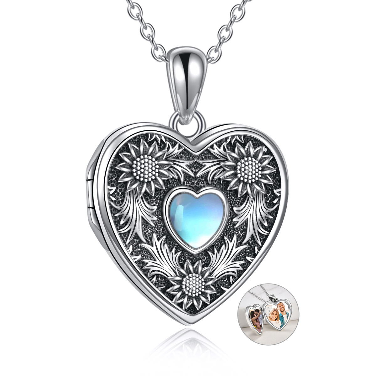 Collar con medallón personalizado con foto de girasol en forma de corazón de piedra lunar de plata de ley-1