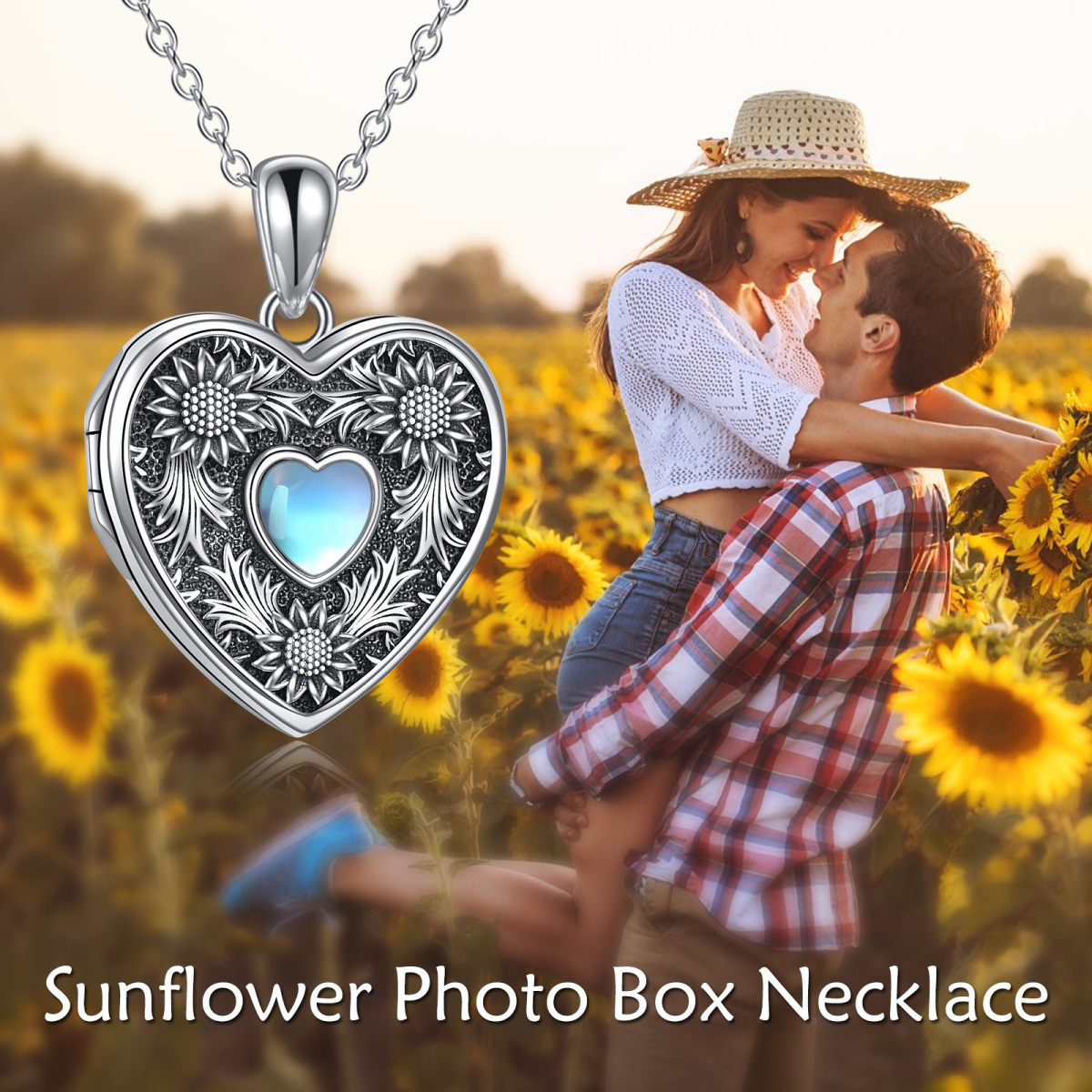 Collar con medallón personalizado con foto de girasol en forma de corazón de piedra lunar de plata de ley-3