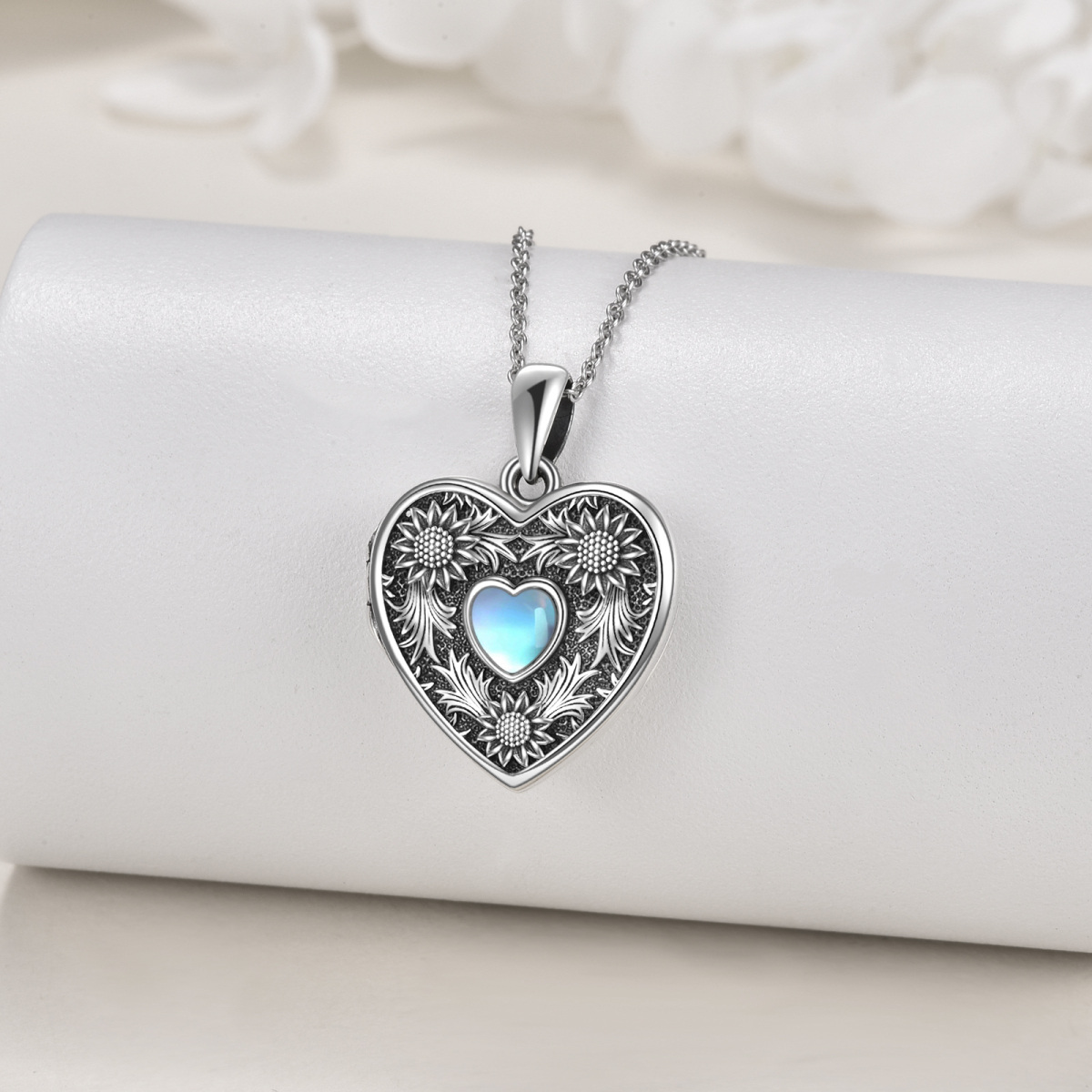 Sterling Silver Moonstone Heart Shaped Sunflower Personalized Photo Locket Necklace-4