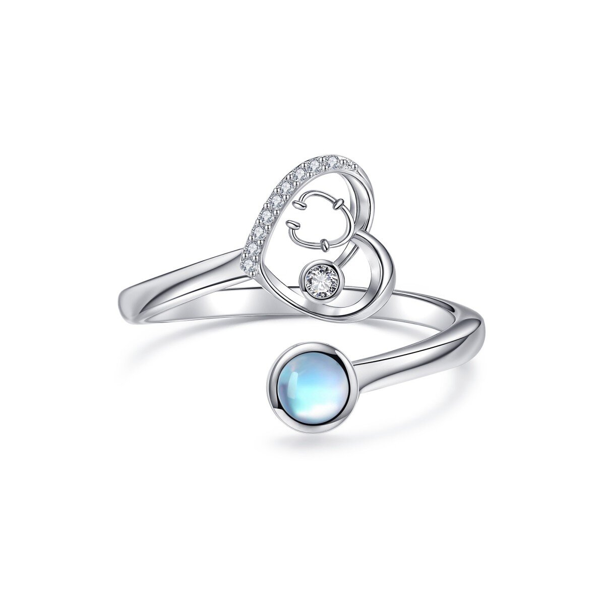 Sterling Silver Cubic Zirconia & Moonstone Heart & Stethoscope Open Ring-1