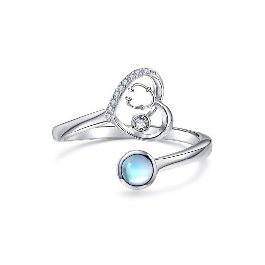 Anillo abierto de plata de ley con forma de estetoscopio y corazón de piedra lunar con circonita cúbica