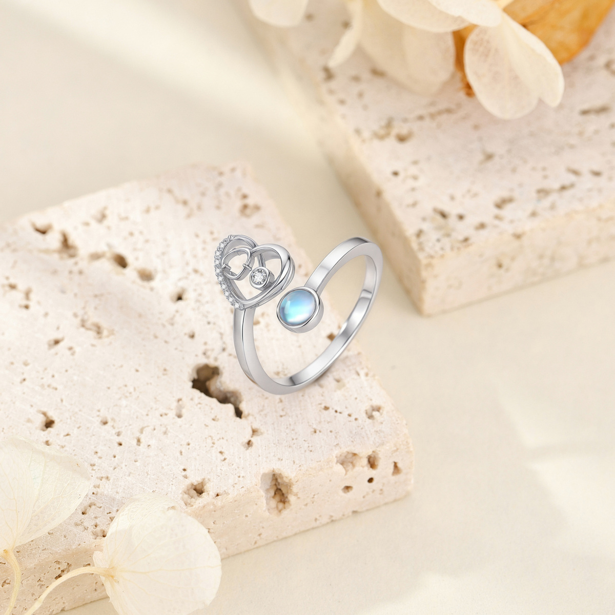 Sterling Silver Cubic Zirconia & Moonstone Heart & Stethoscope Open Ring-3