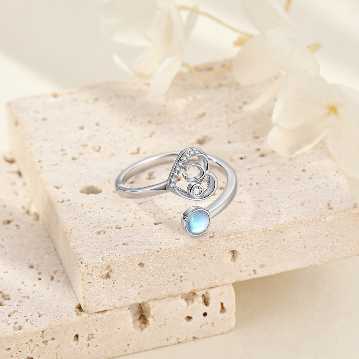 Sterling Silver Cubic Zirconia & Moonstone Heart & Stethoscope Open Ring-4