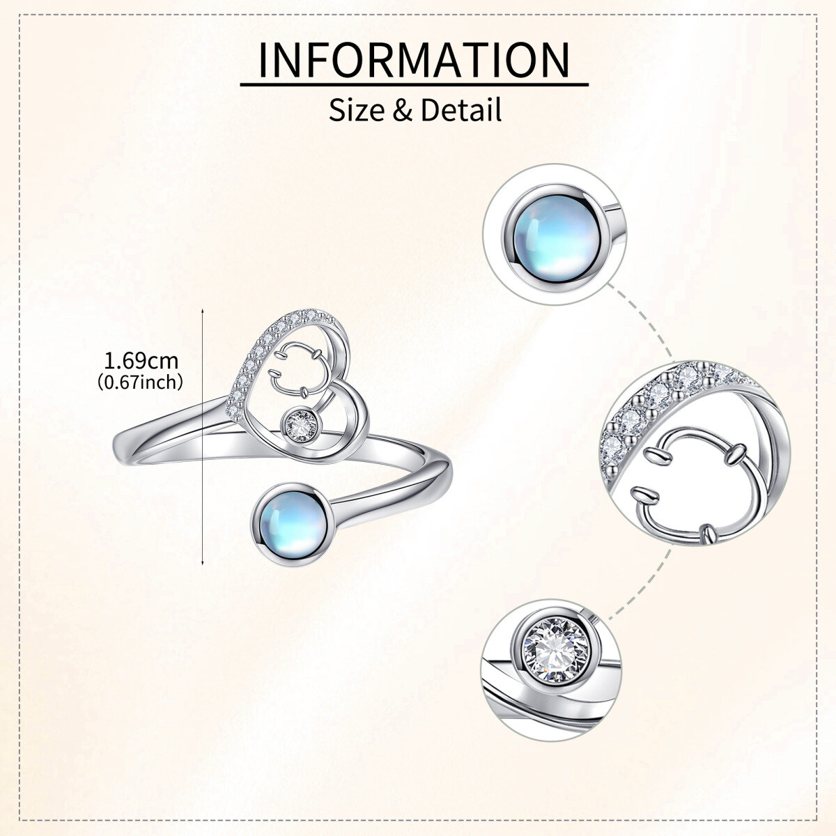 Sterling Silver Cubic Zirconia & Moonstone Heart & Stethoscope Open Ring-5