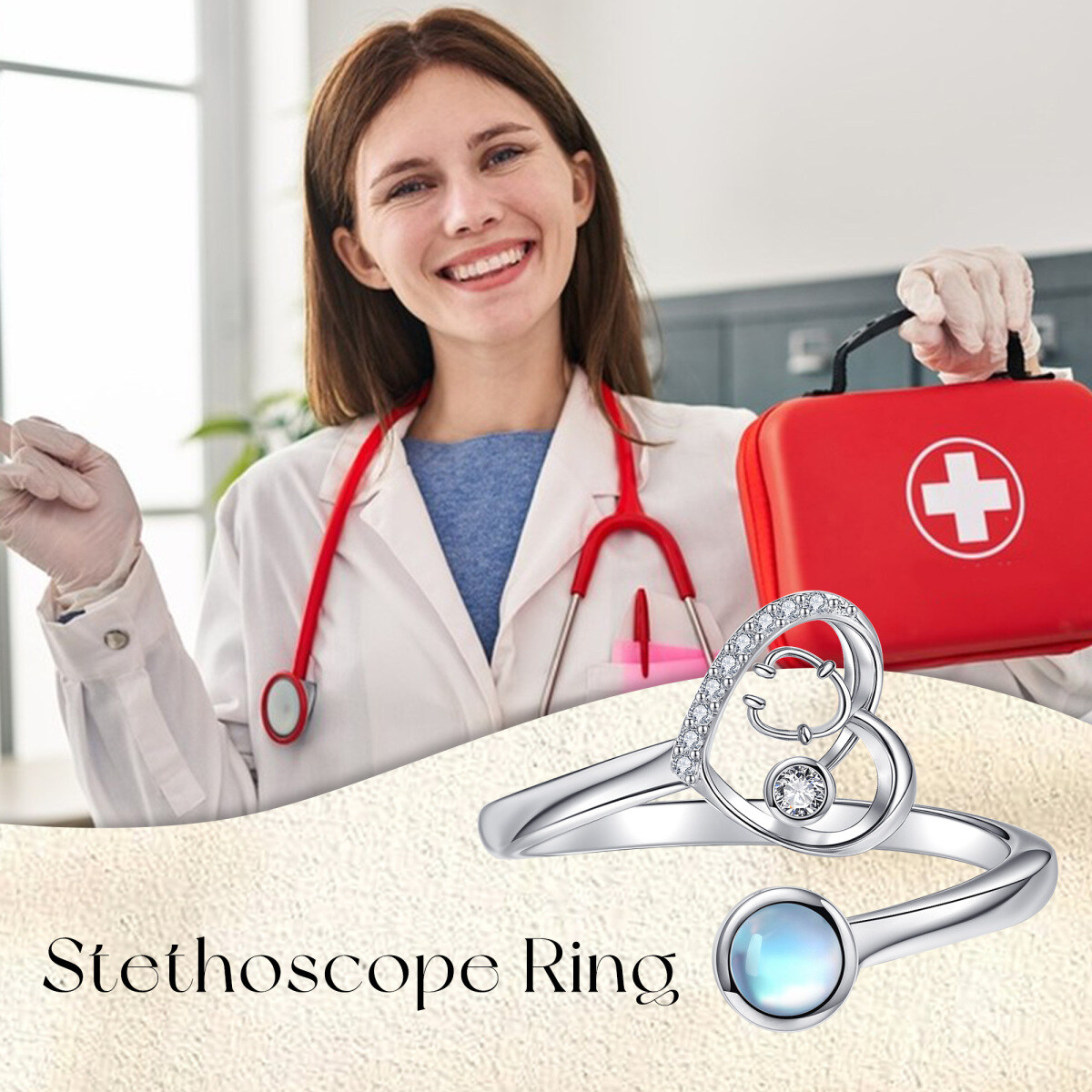 Sterling Silver Cubic Zirconia & Moonstone Heart & Stethoscope Open Ring-6