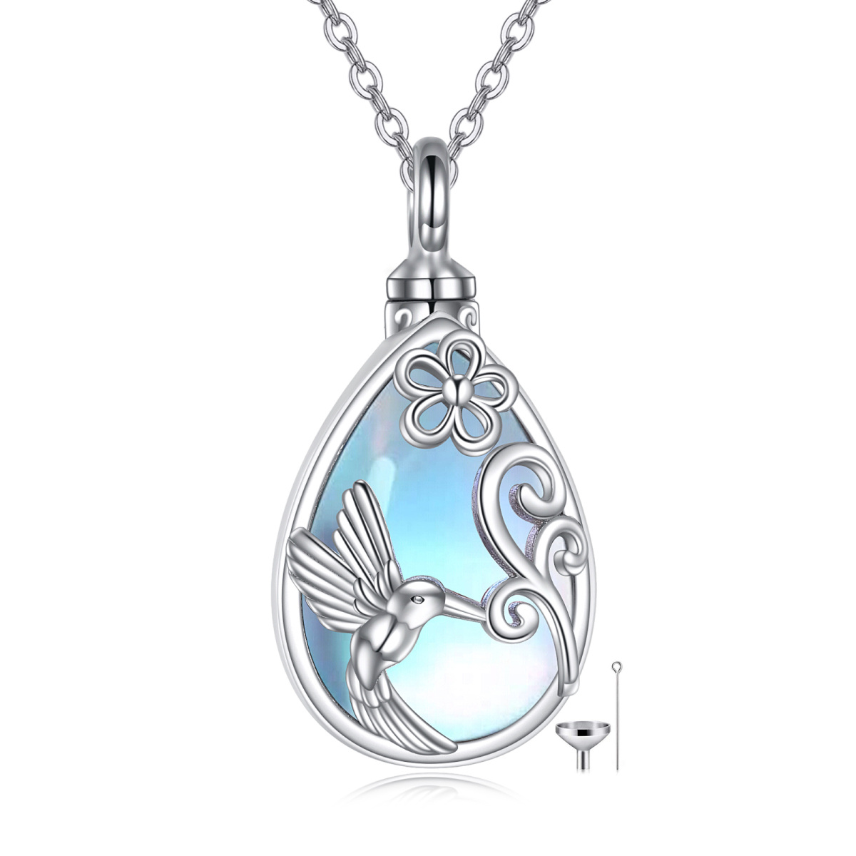 Sterling Silver Moonstone Hummingbird & Drop Shape Urn Necklace for Ashes with Engraved Word-1