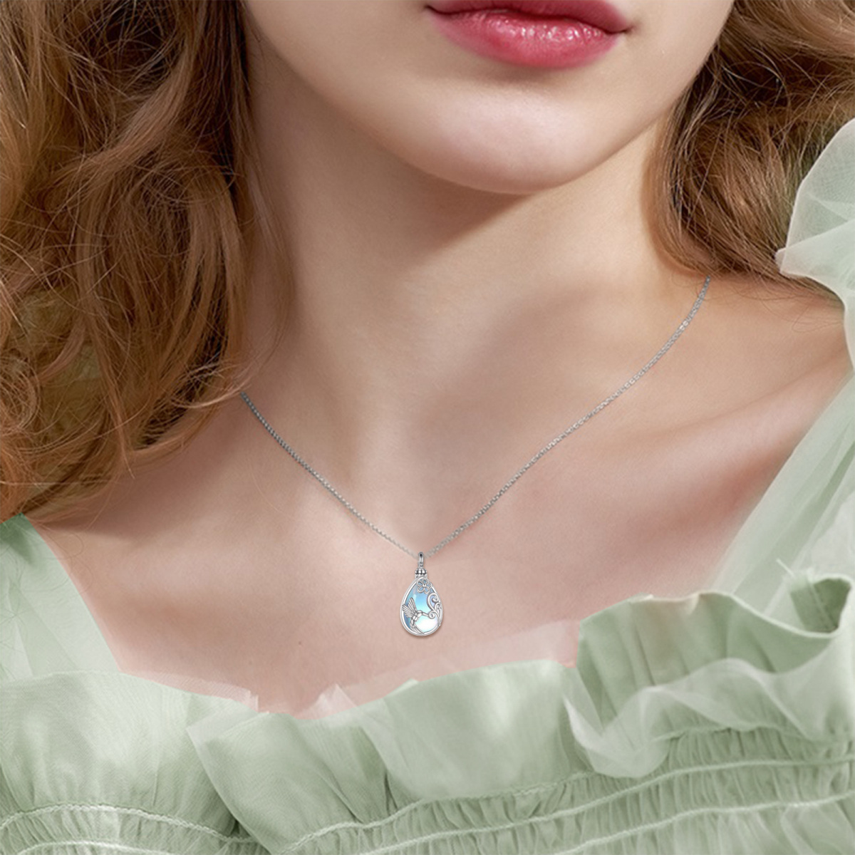 Sterling Silver Moonstone Hummingbird & Drop Shape Urn Necklace for Ashes with Engraved Word-2