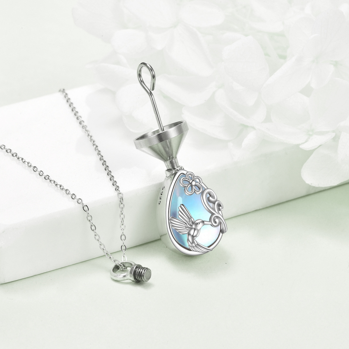 Sterling Silver Moonstone Hummingbird & Drop Shape Urn Necklace for Ashes with Engraved Word-3