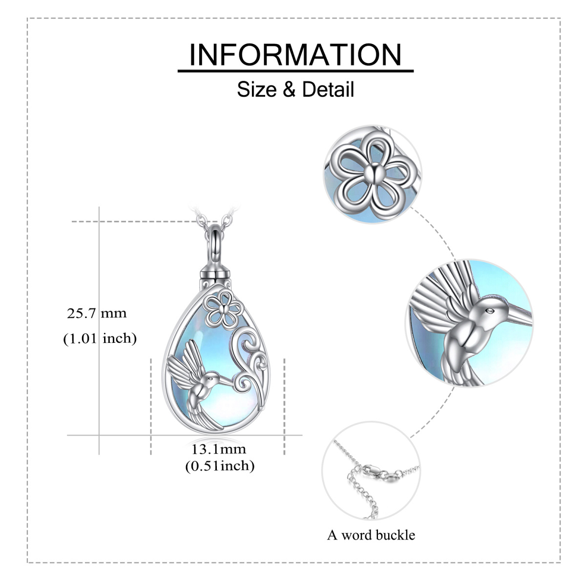 Sterling Silver Moonstone Hummingbird & Drop Shape Urn Necklace for Ashes with Engraved Word-5