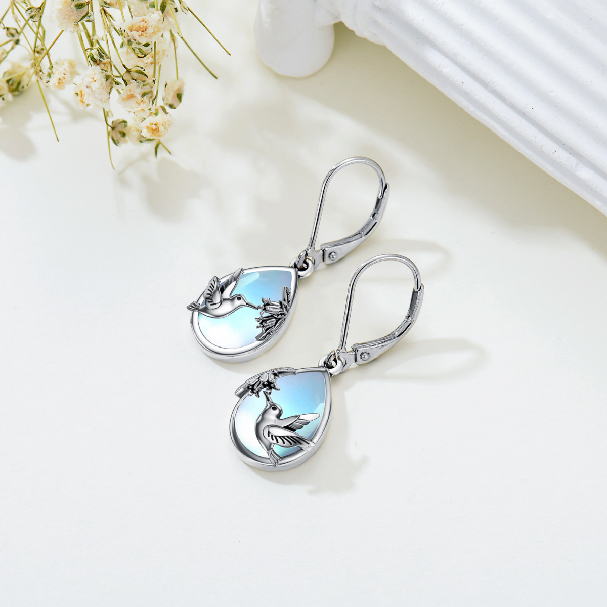 Sterling Silver Moonstone Hummingbird Lever-back Earrings-3