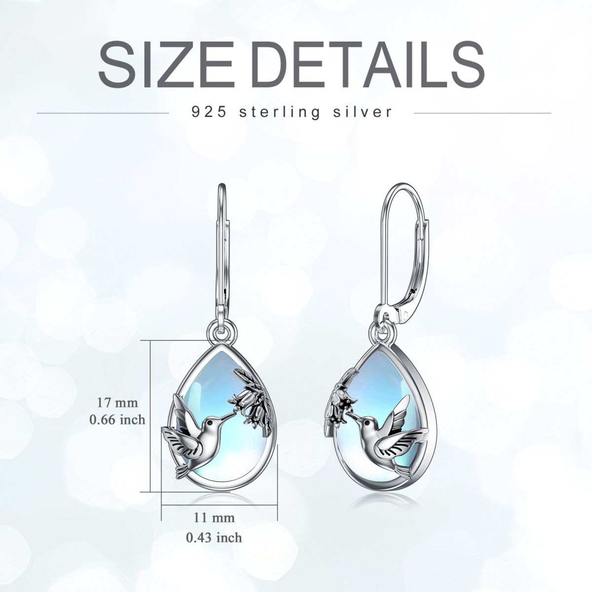 Sterling Silver Moonstone Hummingbird Lever-back Earrings-5