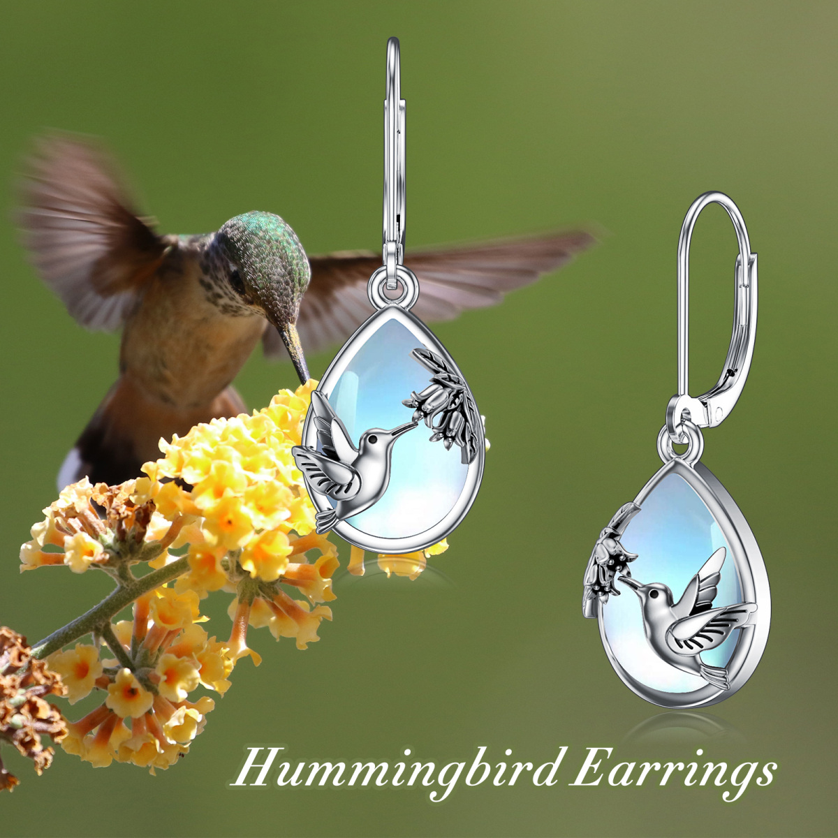 Boucles d'oreilles à levier en argent Sterling Moonstone Hummingbird-6