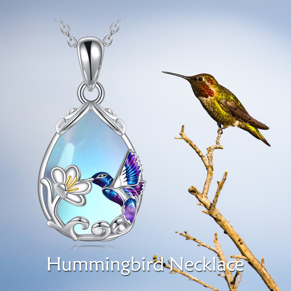 Sterling Silver Moonstone Hummingbird Pendant Necklace-6